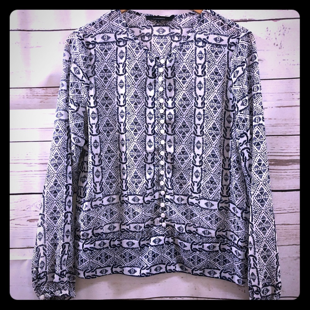 Large Olivaceous Navy Patterned Sheer Blouse